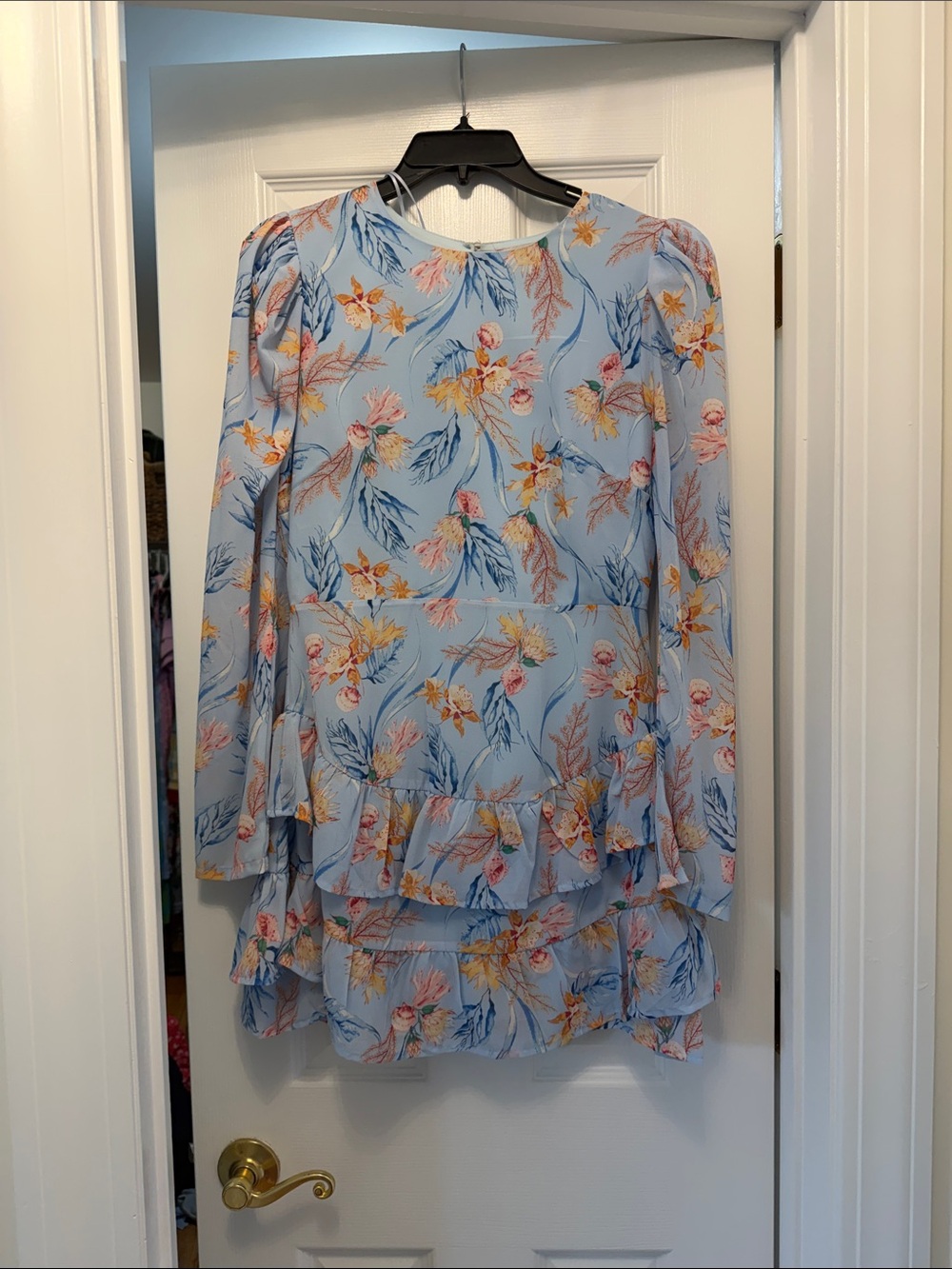Floral Tiered Long-Sleeve Blouse - Light Blue